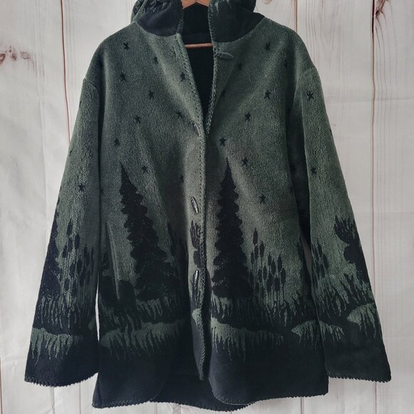 Vintage Nordic Lights Fleece Hooded Reversible Jacket Women’s XL Forrest Green - Picture 1 of 9